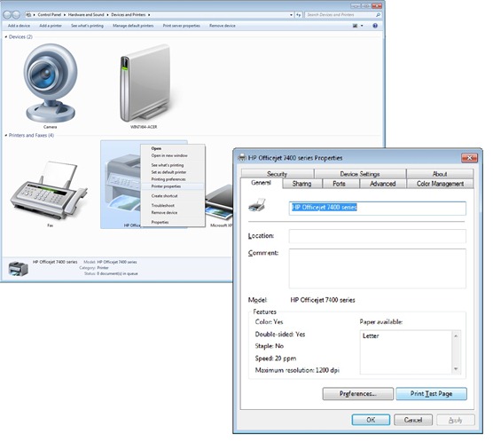 how to print test page windows 7