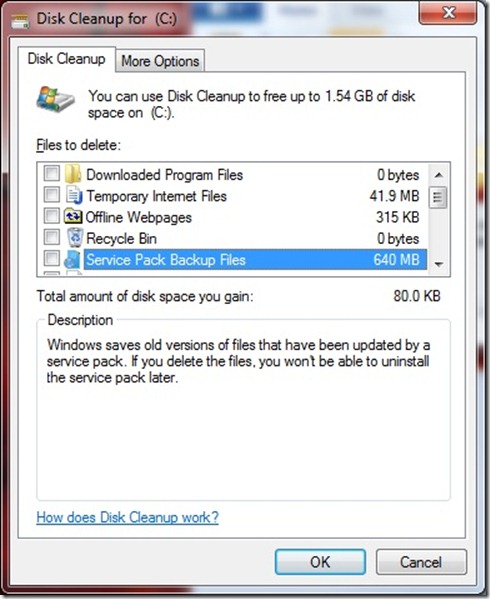 disk cleanup service pack backup files