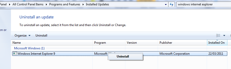 IE 9 Installation Problems