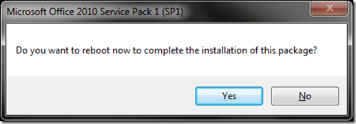 Office 2010 SP1 reboot prompt