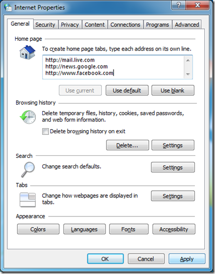 Home page tabs in Internet Explorer