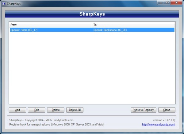 SharpKeys Main Screen