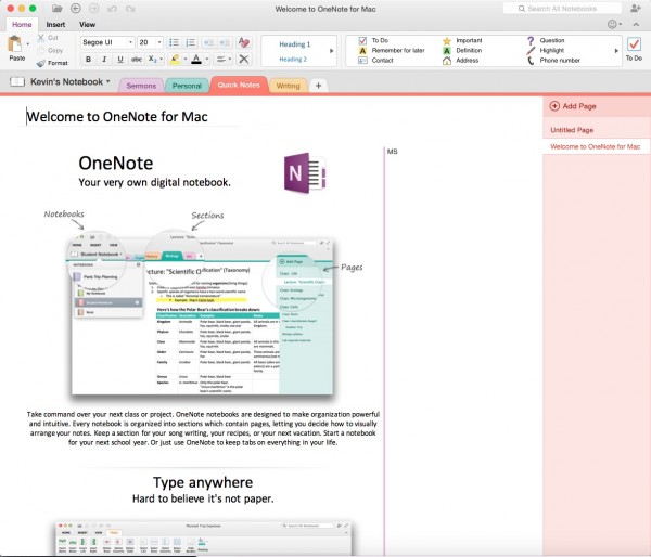 onenote for mac 2016 columns