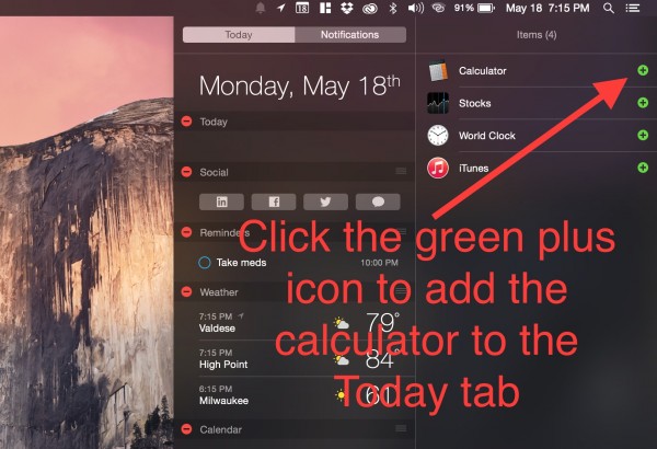 how to add a calculator in the mac notifications are