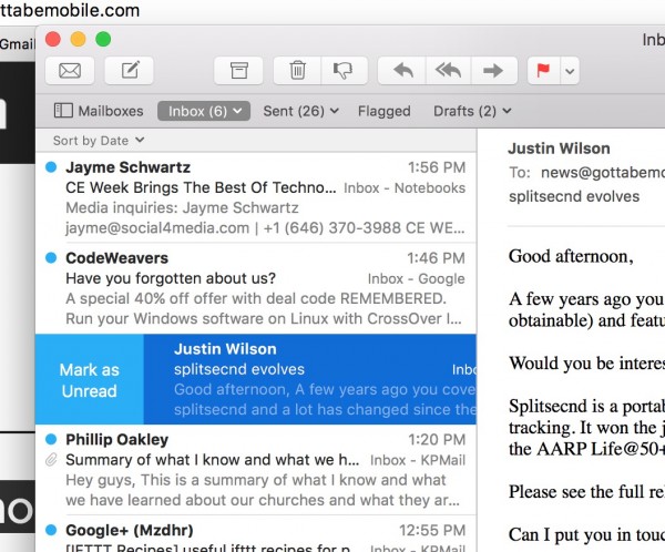 mail gestures swipe for mark unread