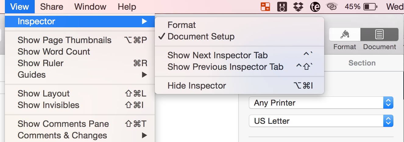 where is the inspector tool in pages for mac