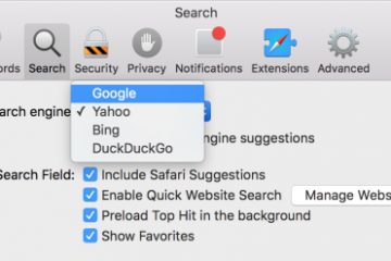Selecting a new search engine in OS X's Safari.