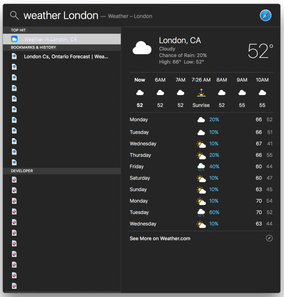 Spotlight weather Mac OS X El Capitan