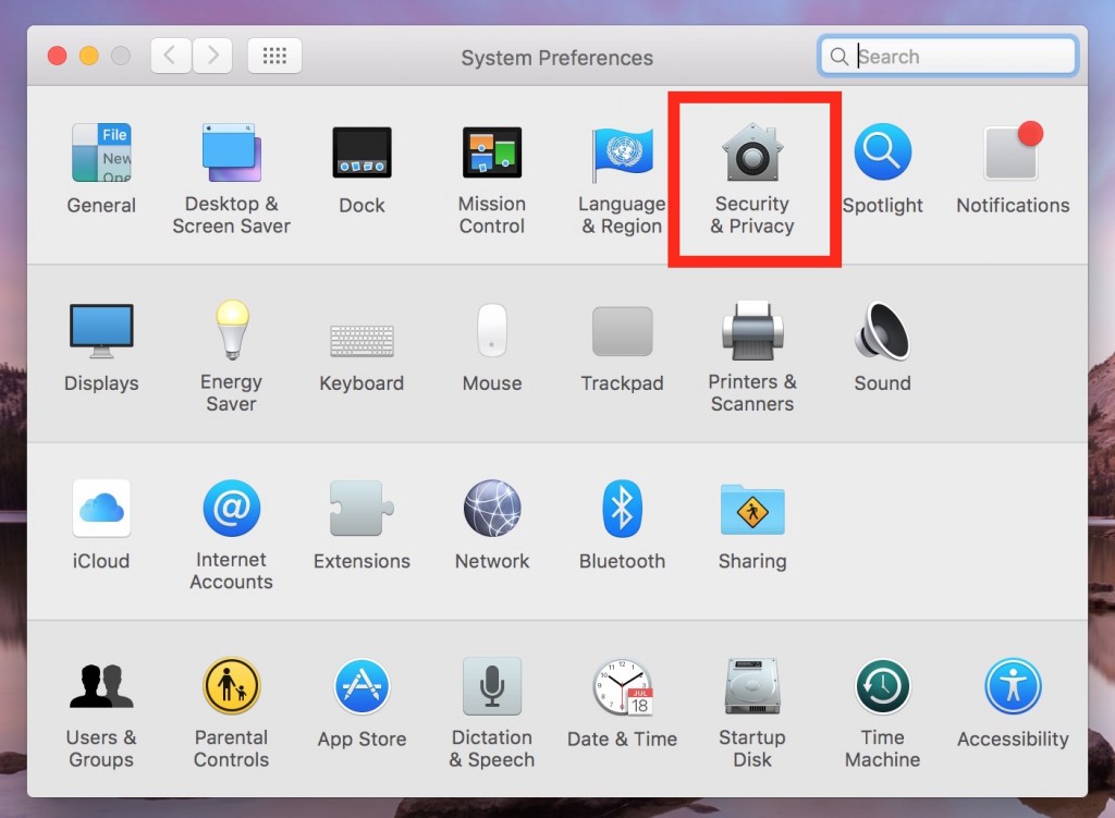 open security & privacy settings in system preferences