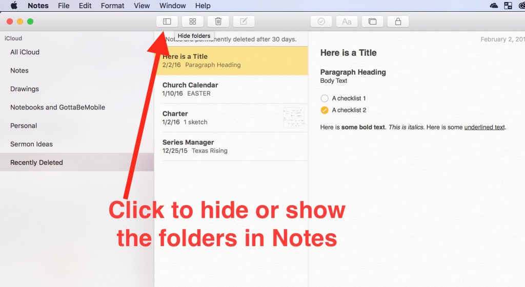 show or hide folders in os x notes