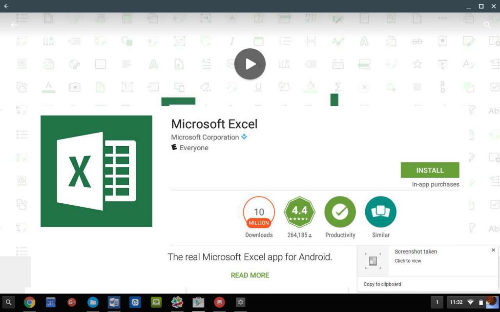 Excel app in google play store on chrome is