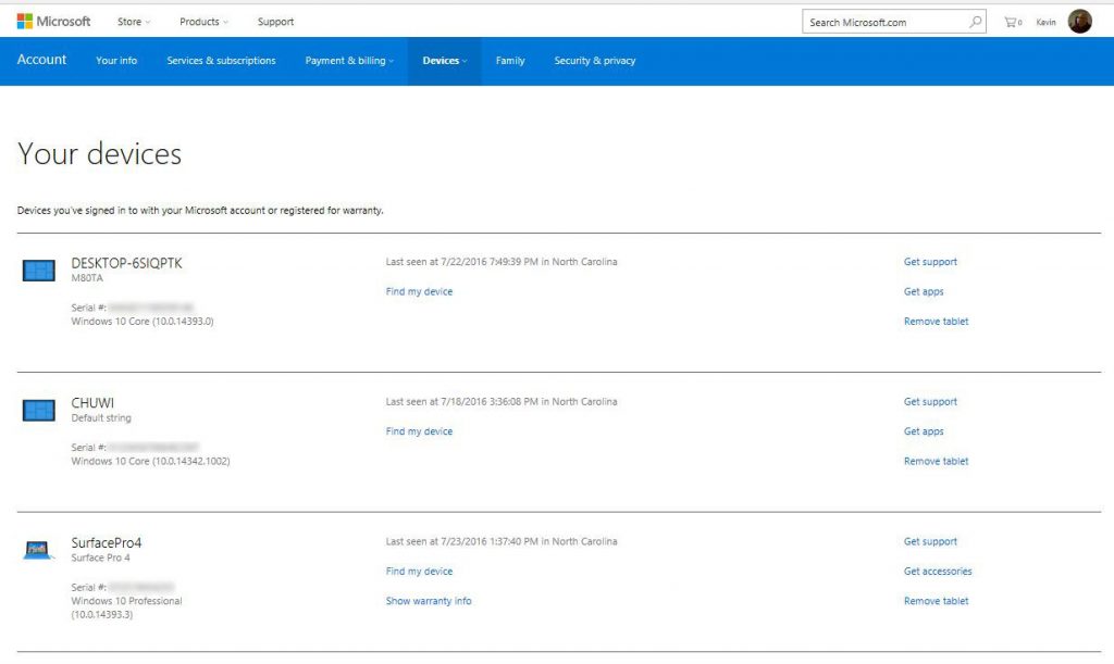 my devices on microsoft page