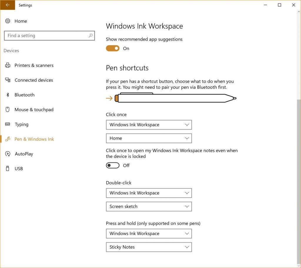 surface pro 4 pen settings