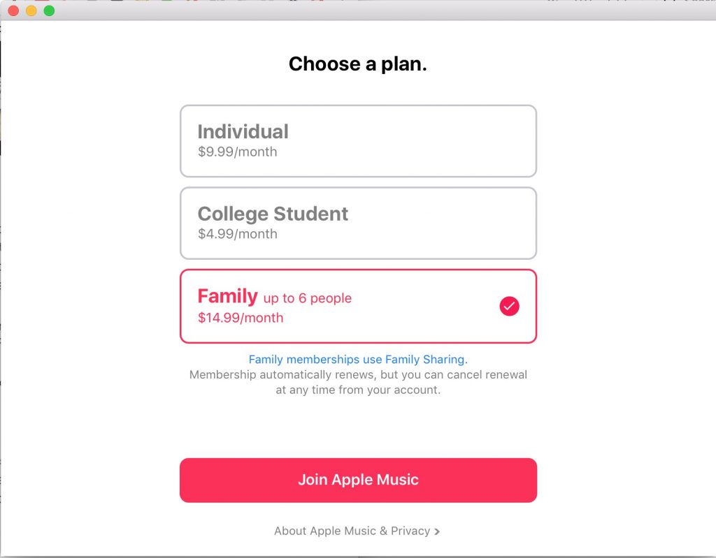 apple music subscription plans