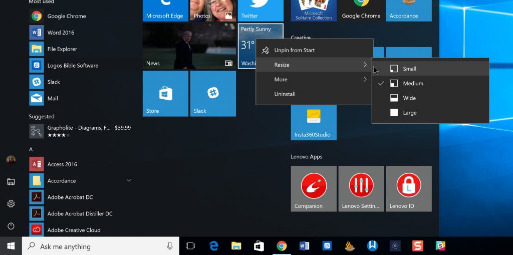 windows 10 start menu resize tiles