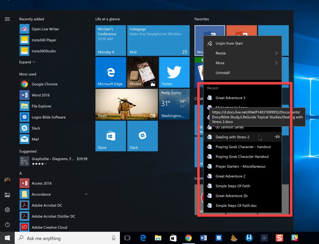 windows 10 start menu tile recent file list