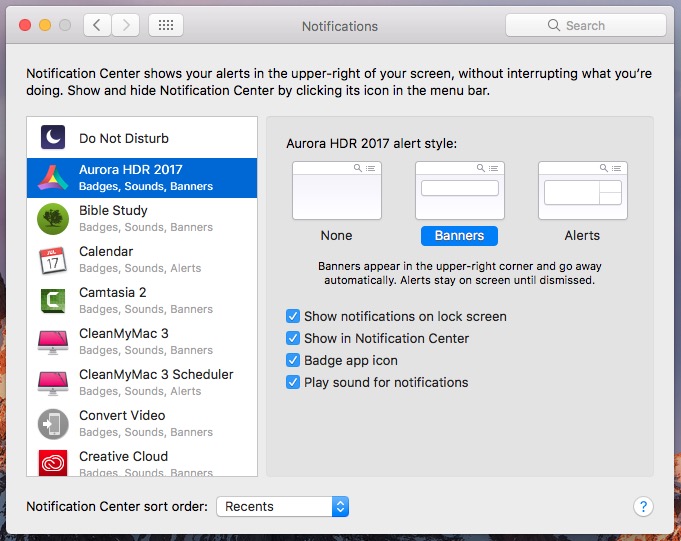 app notification center control settings